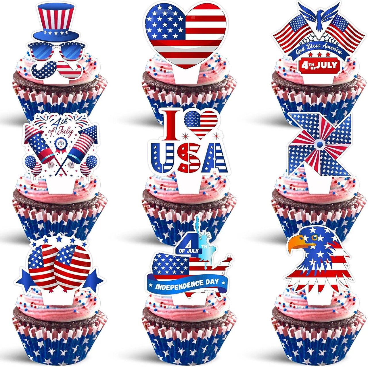 36-Piece 4th of July Cupcake Toppers - 9 Patriotic Designs Red White Blue Glitter Food Picks for Independence Day Party Decorations